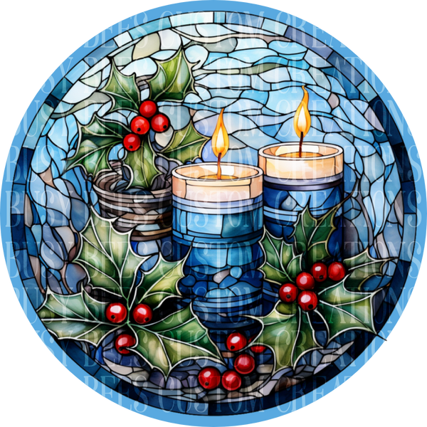 Stained Glass LOOK Blue Candles Christmas Aluminum Wreath Sign