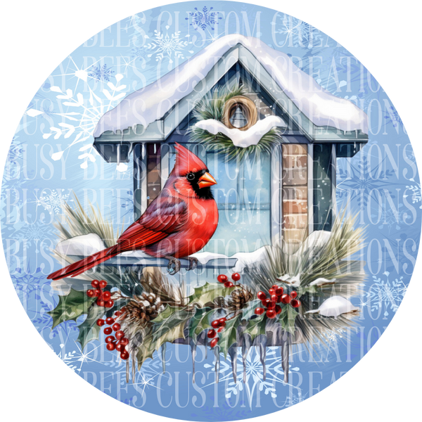 Cardinal on Window Aluminum Wreath Sign