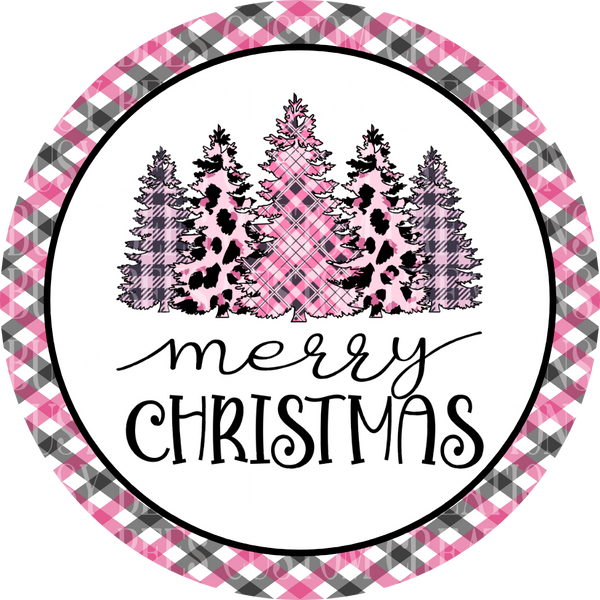 Pink and Black Plaid Trees Merry Christmas Aluminum Wreath Sign