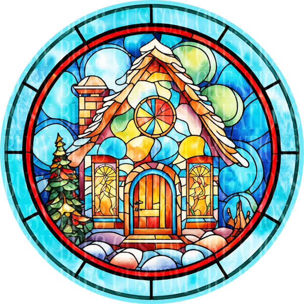 Stained Glass LOOK Gingerbread House Christmas Aluminum Wreath Sign