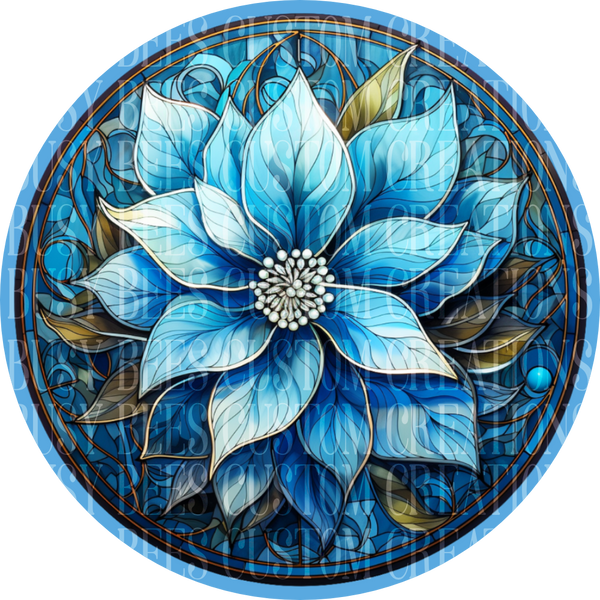 Stained Glass LOOK Blue Poinsettia Christmas Aluminum Wreath Sign