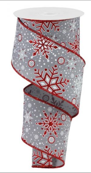 2.5x10yd Red Snowflake on Grey Wired Edge Ribbon