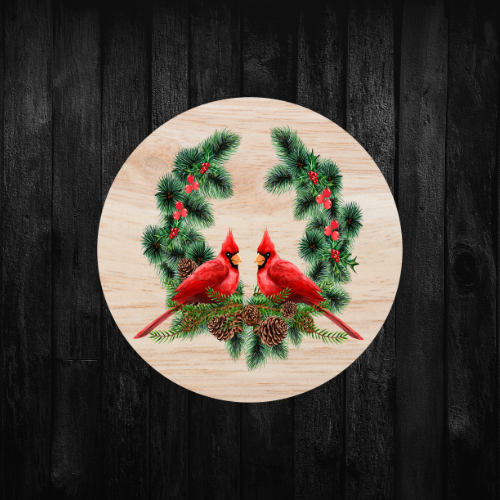 Two Cardinals on Pine Wreath Aluminum Wreath Sign