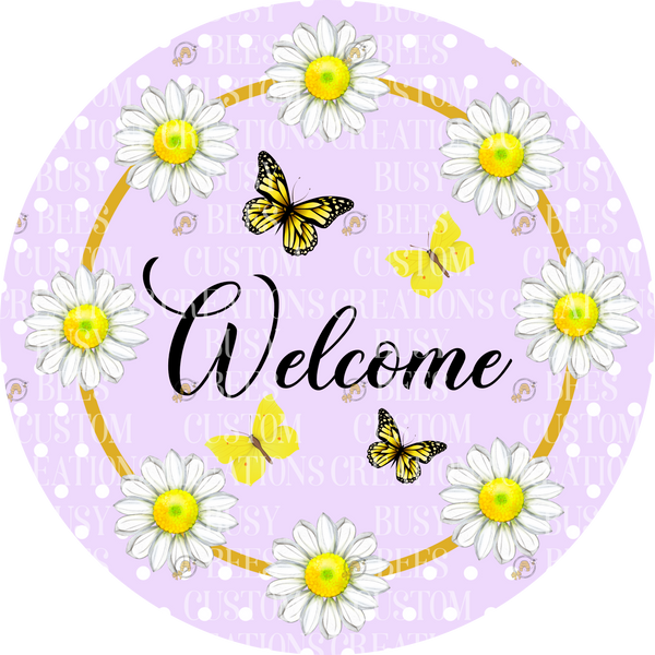 Purple Welcome Butterflies and Daisies Aluminum Wreath Sign