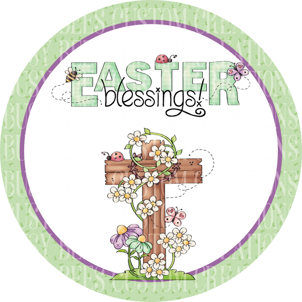Easter Blessings Cross and flowers Metal Wreath Sign