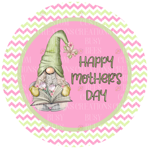 Happy Mothers Day Gnome with Book Wreath Sign