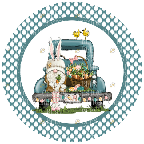 Happy Easter Gnome in Blue Truck Metal Wreath Sign