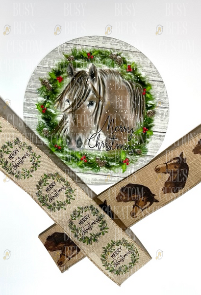 Merry  Christmas Horse Wreath  Sign and Ribbon Combo