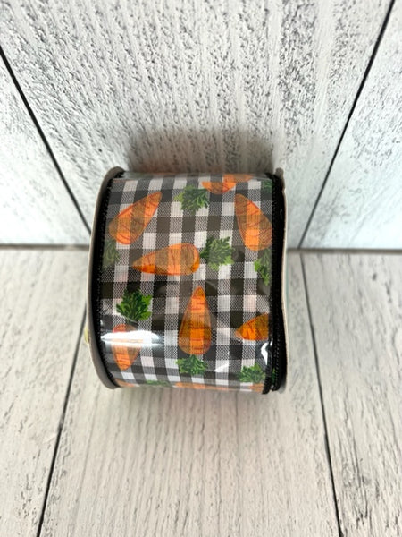 2.5" x  10 Yards Wired Carrots with Black and White Plaid Ribbon