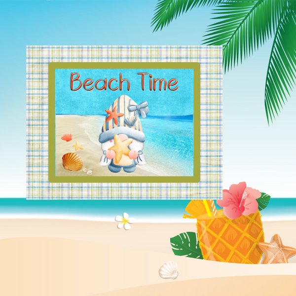 Beach Time Gnome with Shell Wreath  Sign