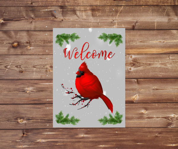 Welcome Cardinal Metal Wreath Sign