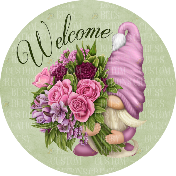 Welcome Gnome with Flowers Wreath  Sign