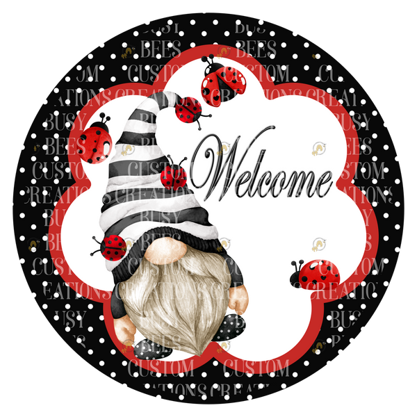 Welcome Ladybug Gnome Aluminum Wreath Sign