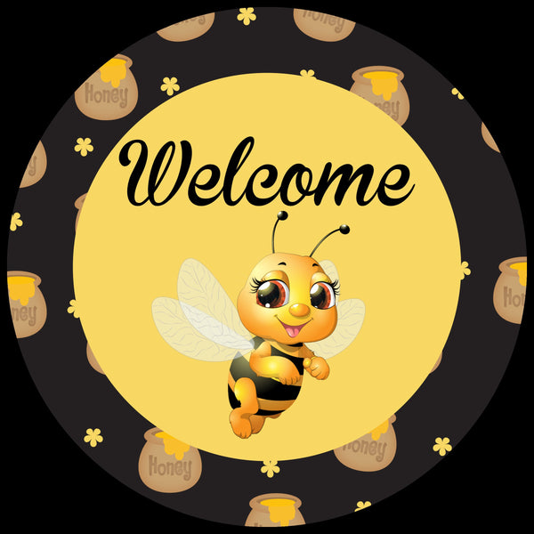 Welcome Bee with Honey Pots Metal Sign