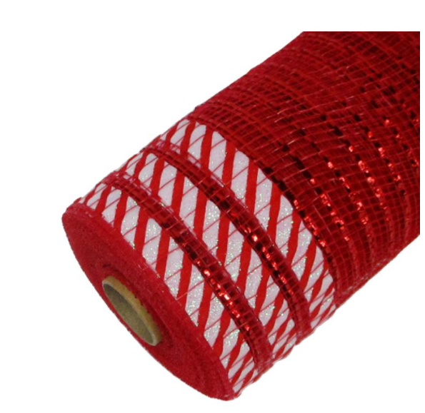 10" x 10 Yards Red Metallic Mesh with Candy Cane Print Border
